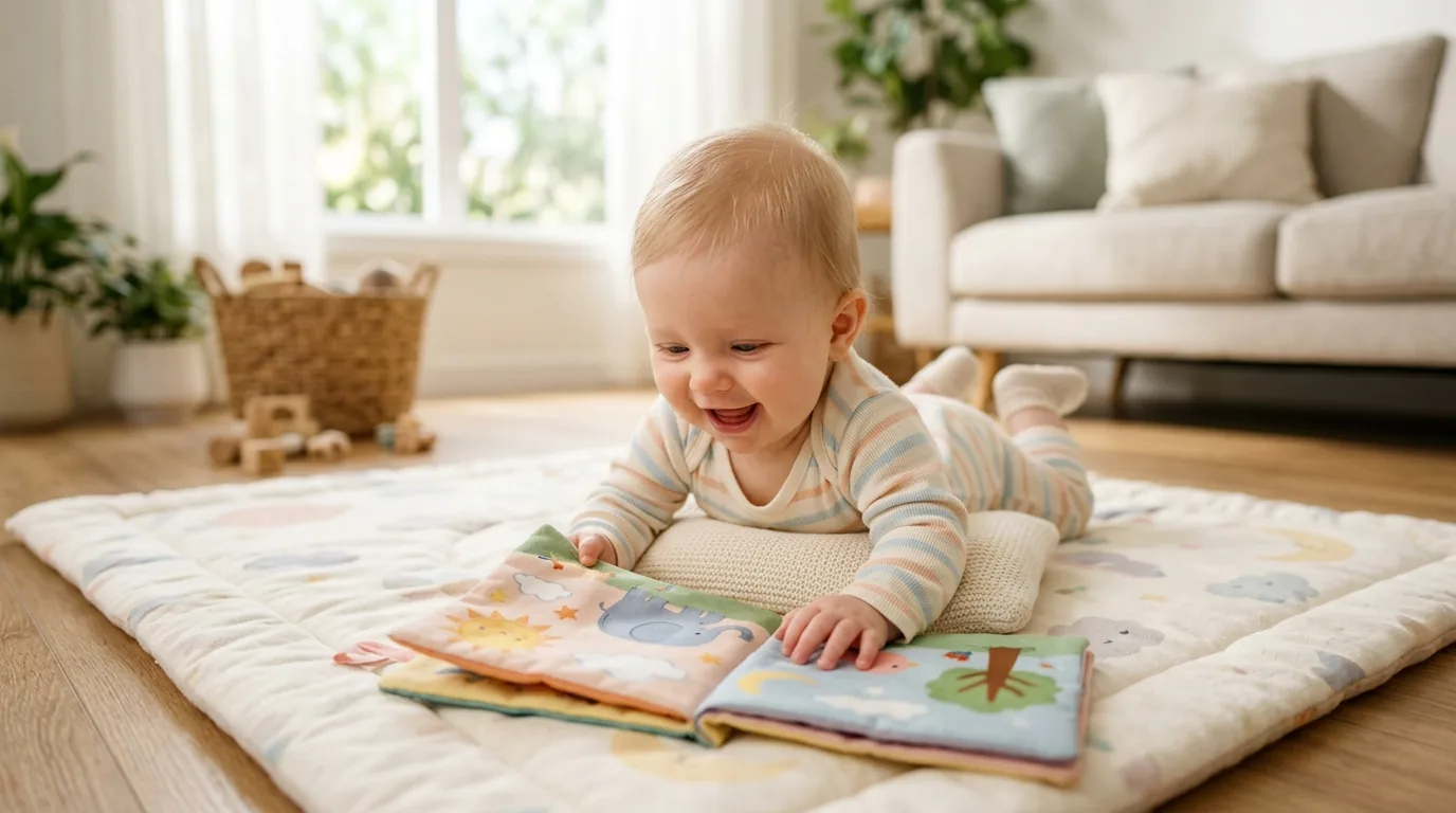 Bebê deitado no tapete olhando um livro de pano colorido