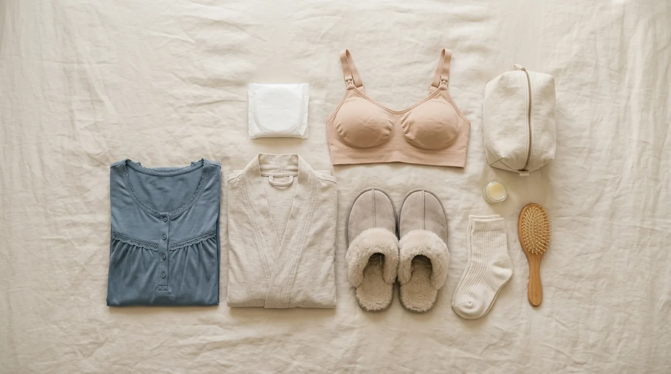 Itens da mãe na mala de maternidade: camisola, roupão, chinelo e sutiã de amamentação