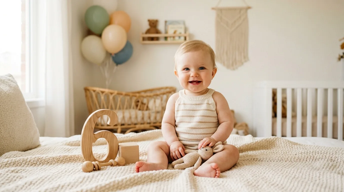 Bebê sorrindo sentado ao lado do número do mês na comemoração de mesversário