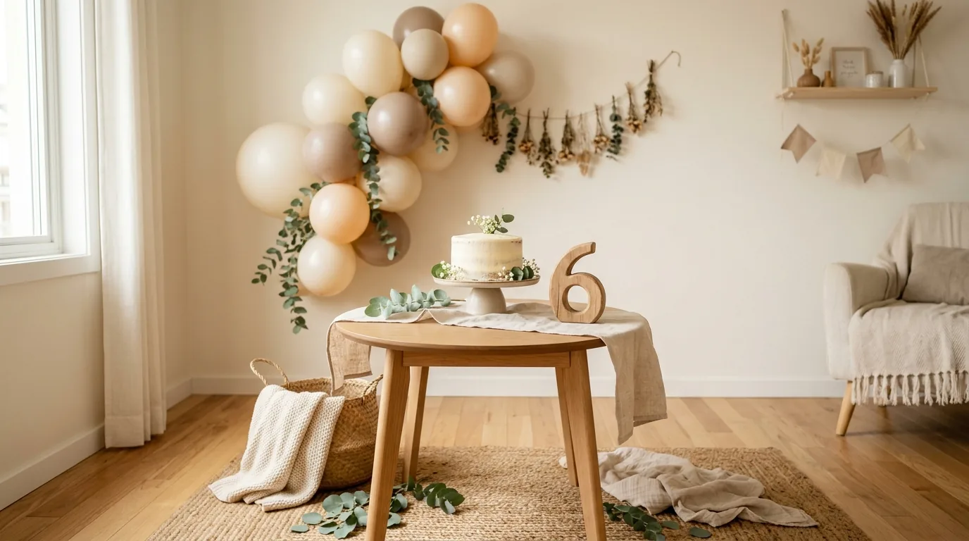 Cantinho de mesversário simples em casa com bolo, número decorativo e balões