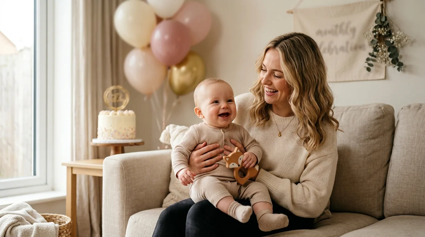 Mãe e bebê sorrindo juntos no cantinho de mesversário decorado em casa