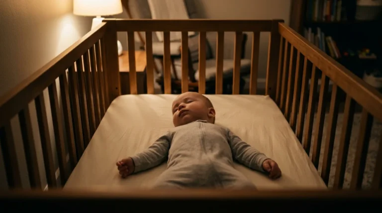 Bebê adormecendo tranquilo de barriga para cima no berço em um quarto de luz suave