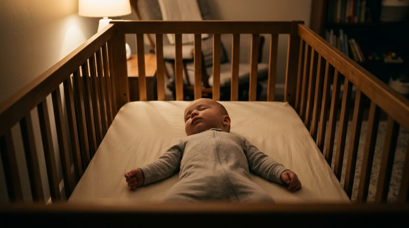 Bebê adormecendo tranquilo de barriga para cima no berço em um quarto de luz suave