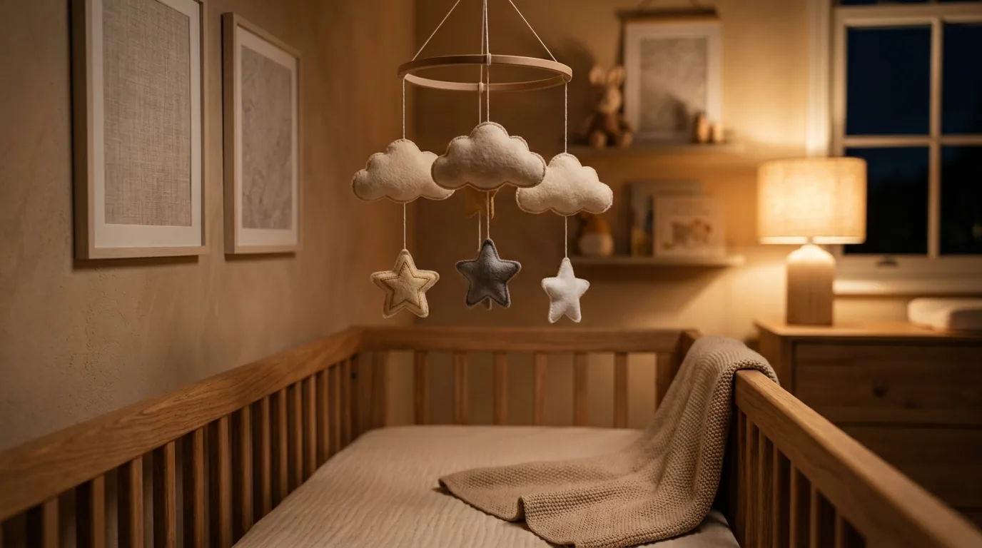 Móbile de nuvens e estrelas sobre o berço em um quarto com luz suave à noite