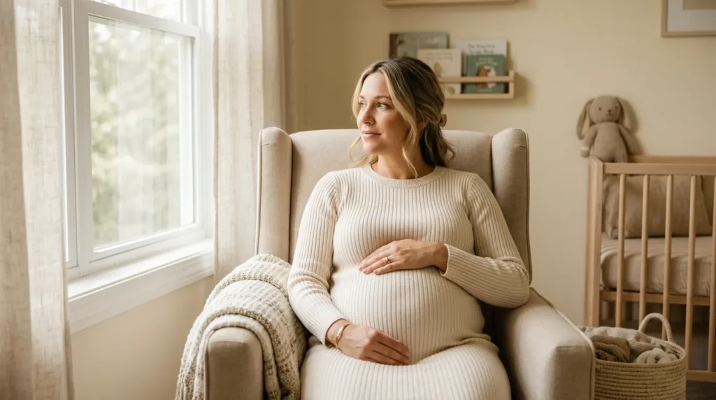 Gestante pensativa sentada no quarto do bebe escolhendo o nome