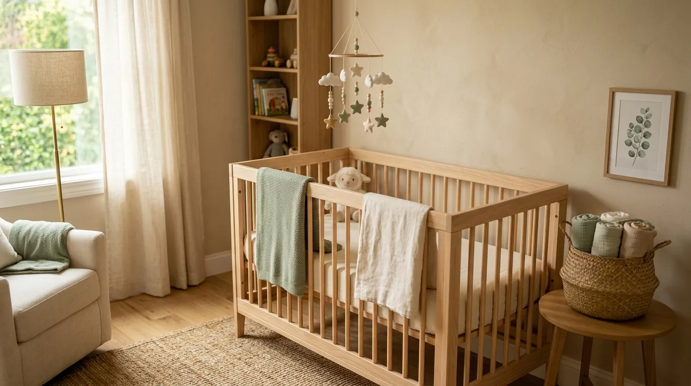 Quarto de bebe em tons neutros com berco de madeira e enxoval