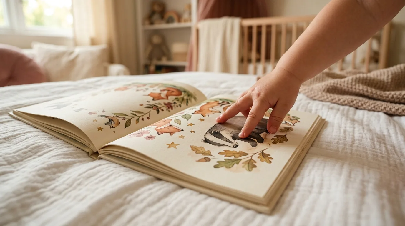 Livro ilustrado de poemas infantis aberto com a mãozinha da criança na página