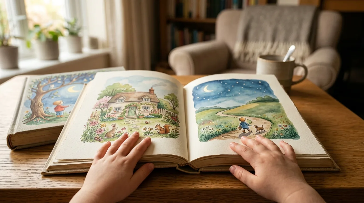 Livro de poemas infantis clássicos aberto com as mãos da criança