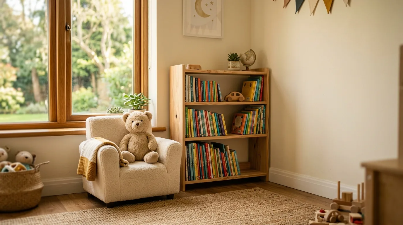 Cantinho de leitura infantil com estante cheia de livros coloridos