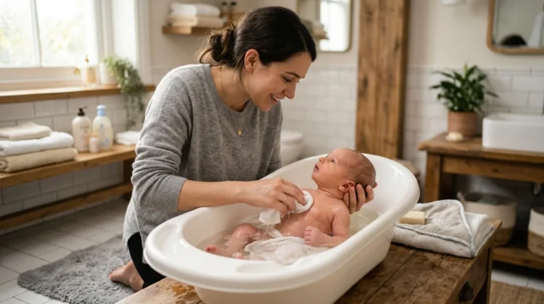 Mãe dando o primeiro banho no recém-nascido em banheira pequena, apoiando a cabeça e o pescoço