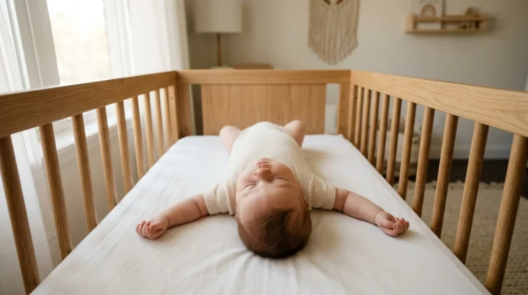 Bebê dormindo tranquilo de barriga para cima no berço durante o dia, em quarto claro