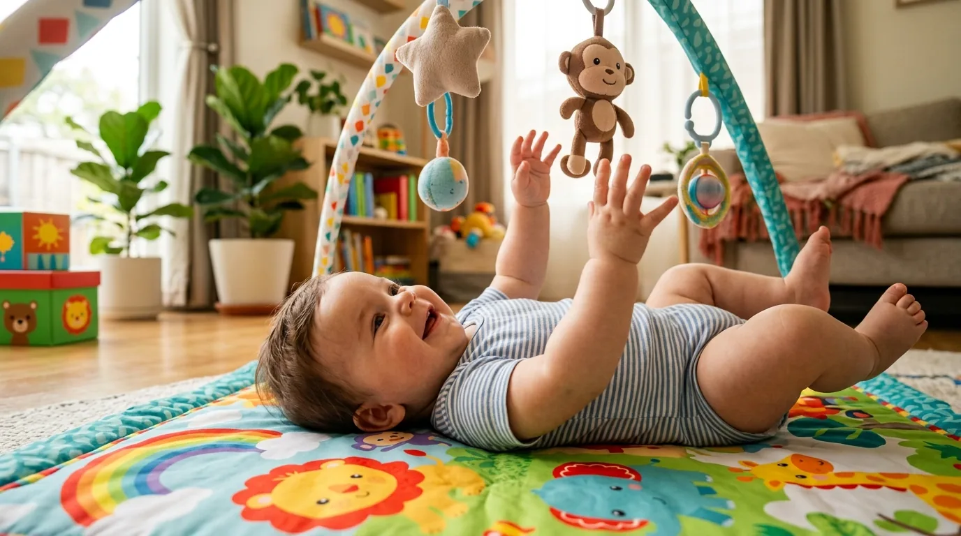 Bebê acordado e sorridente de barriga para cima brincando em um tapete de atividades durante o dia