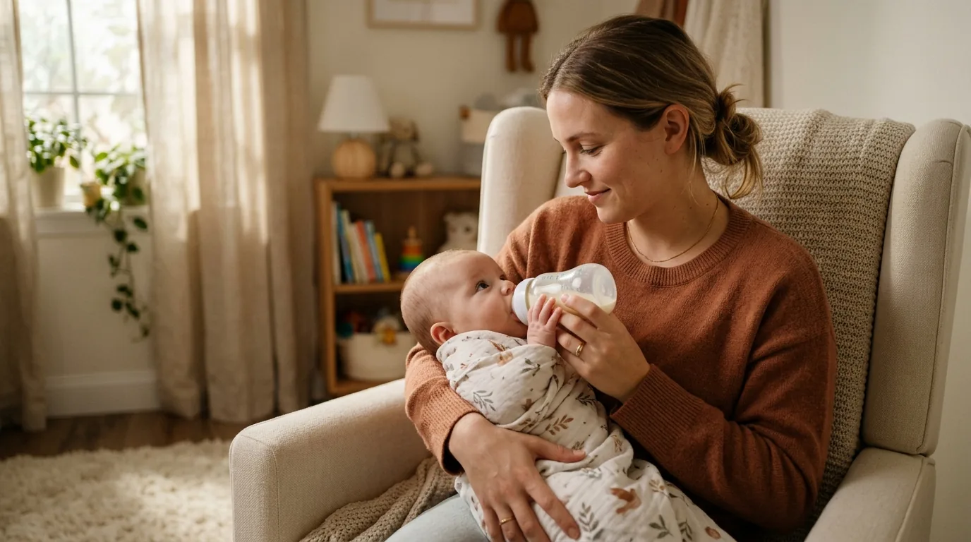 Mãe dando mamadeira ao bebê em uma poltrona aconchegante, um momento da rotina do dia