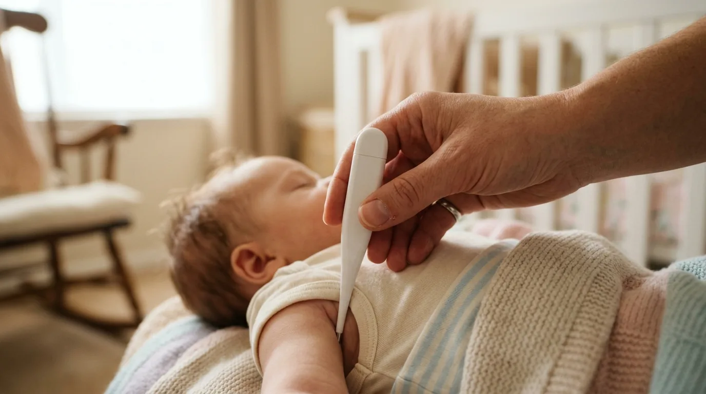 Mão de adulto segurando um termômetro digital no bebê para medir a temperatura na axila