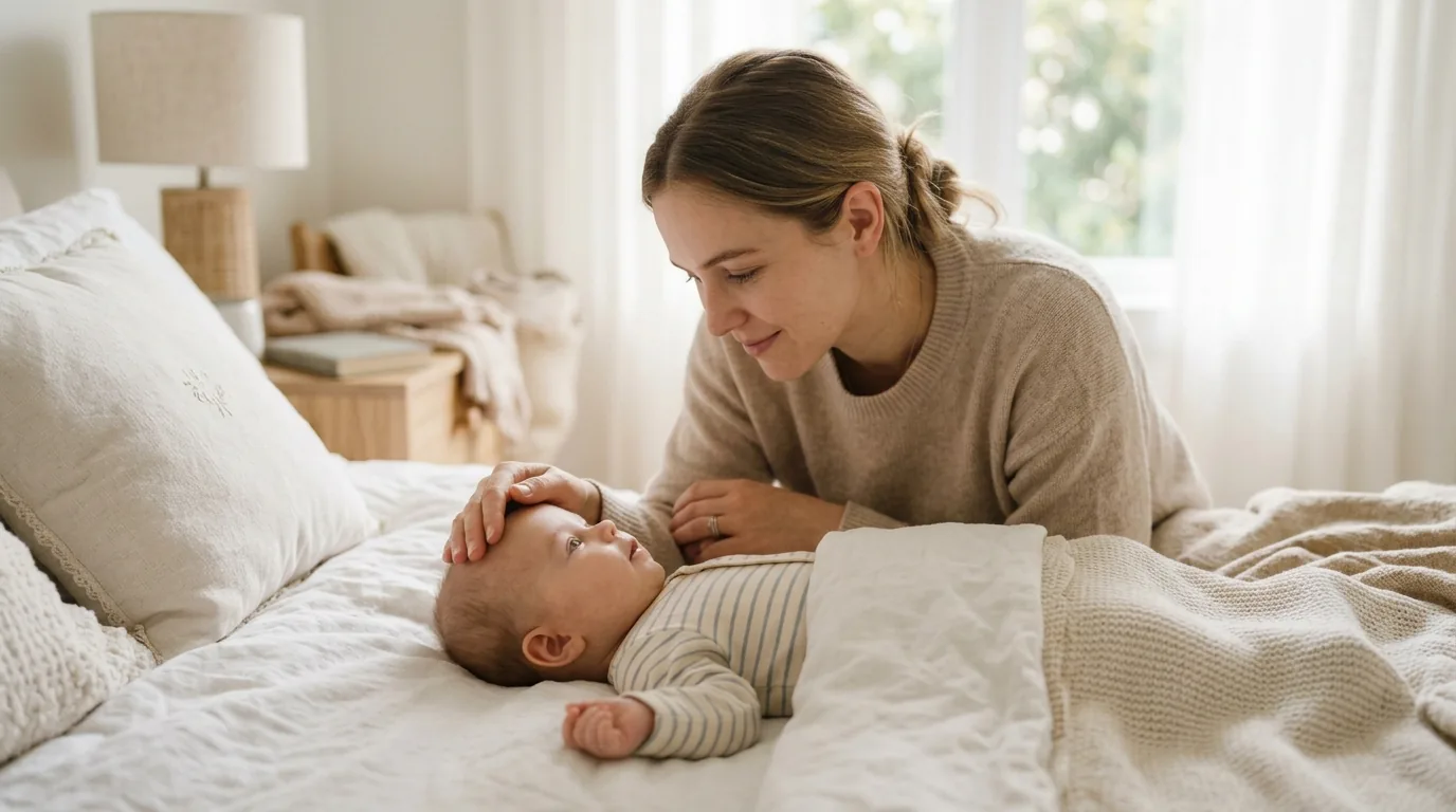 Mãe checando com a mão a testa do bebê deitado para sentir se há febre