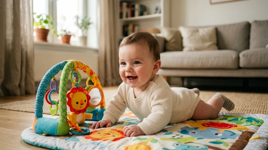 Bebê sorridente fazendo tummy time apoiado nos antebraços em tapete