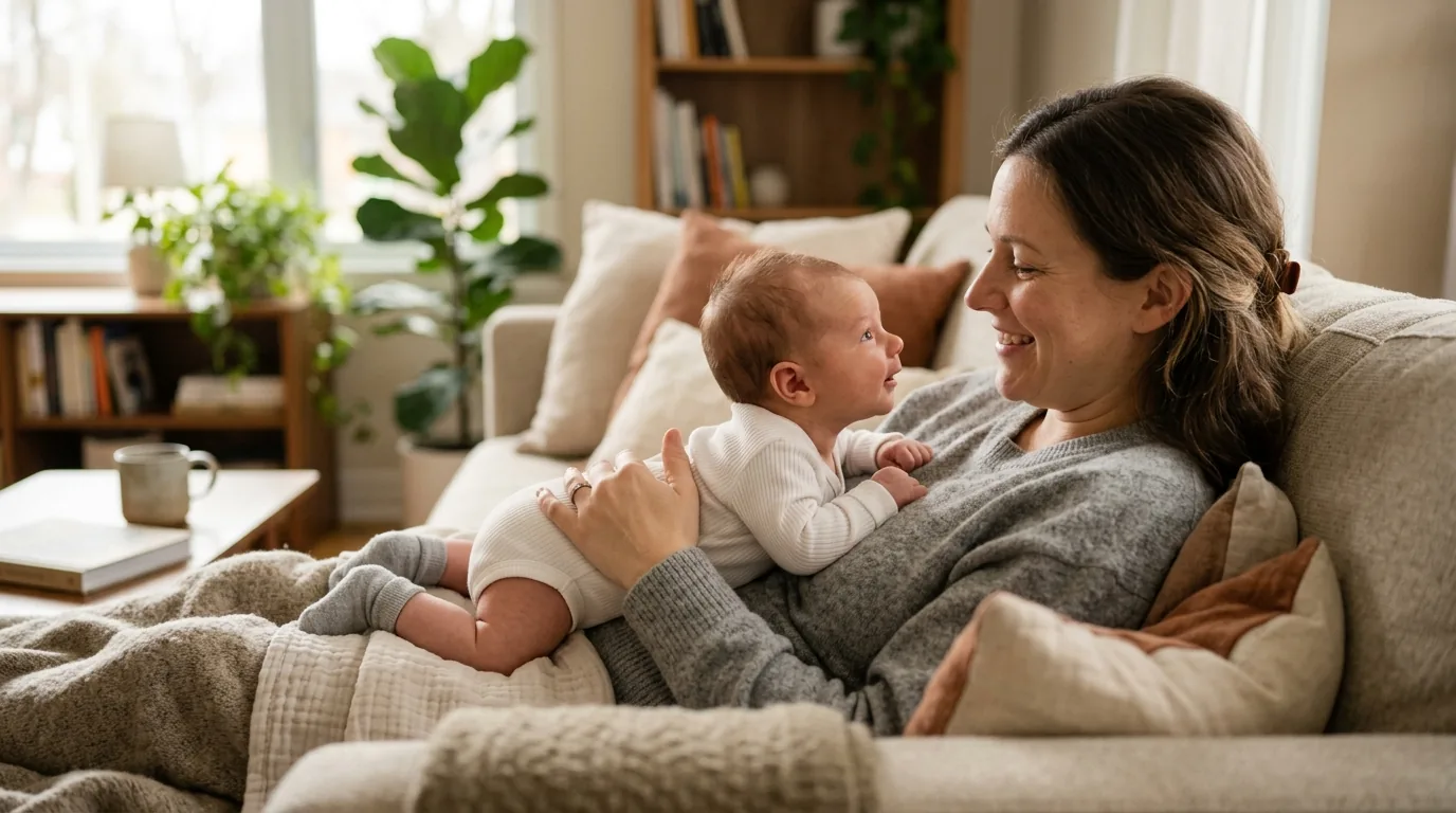 Mãe reclinada com recém-nascido em tummy time sobre o peito
