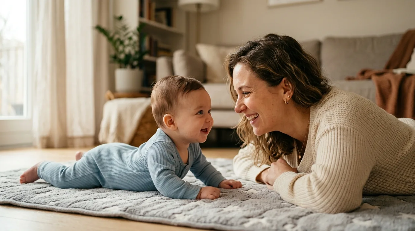 Mãe deitada de bruços de frente para o bebê durante o tummy time