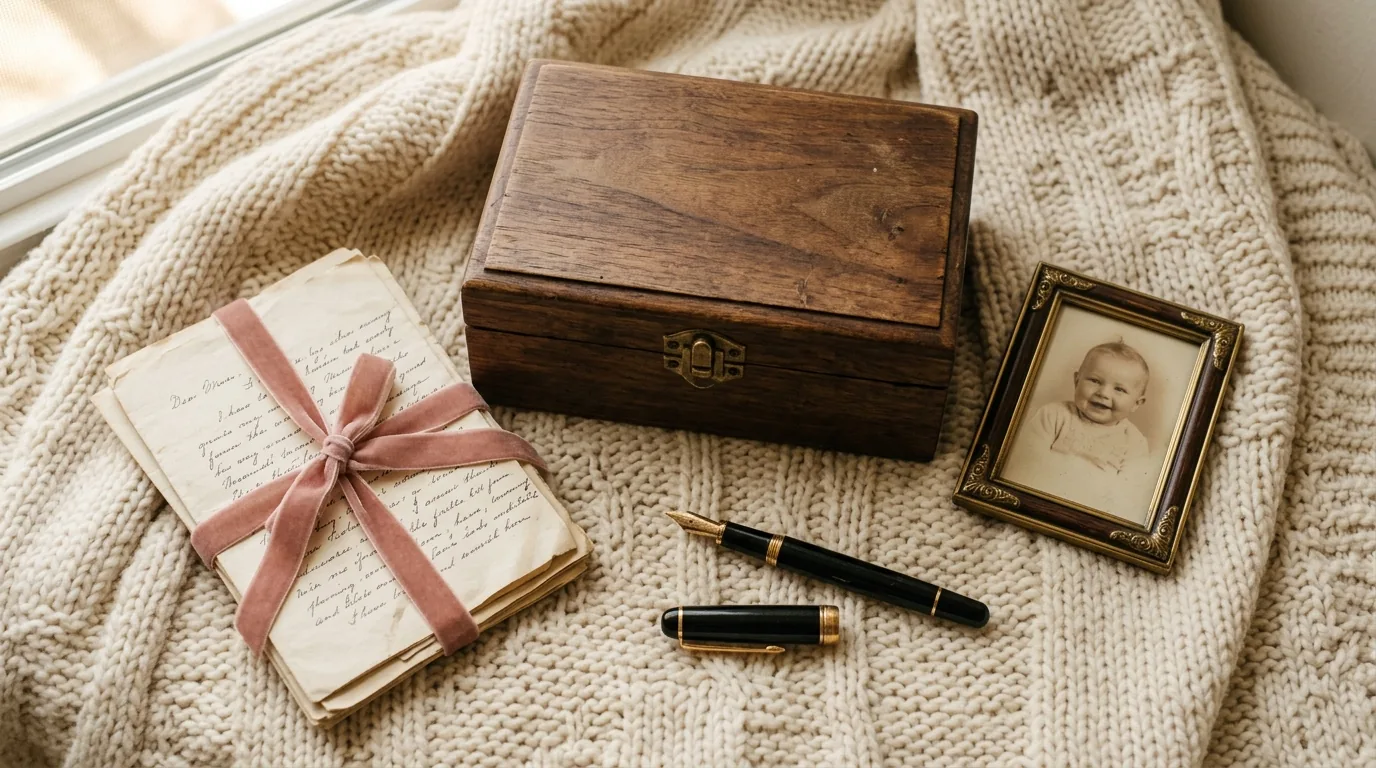 Caixa de recordações com cartas amarradas com fita, caneta e foto do bebê
