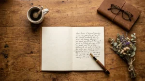 Carta escrita à mão e caneta-tinteiro sobre a mesa de madeira com café e flores