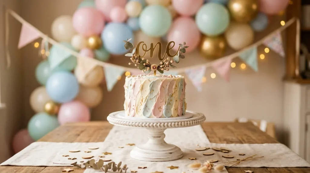 Bolo de smash cake de 1 ano com topo número um e balões pastel