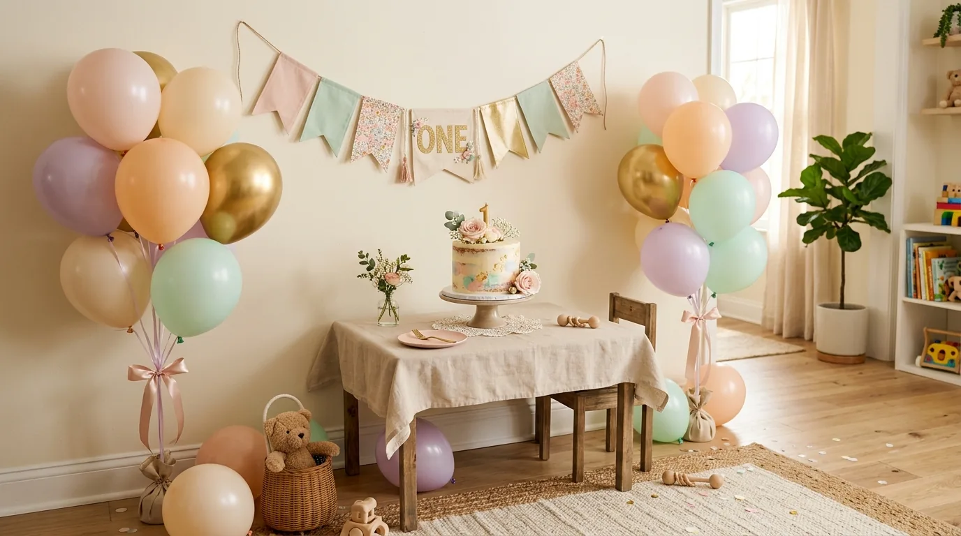 Cantinho de festa de 1 ano com balões pastel, faixa número um e bolo