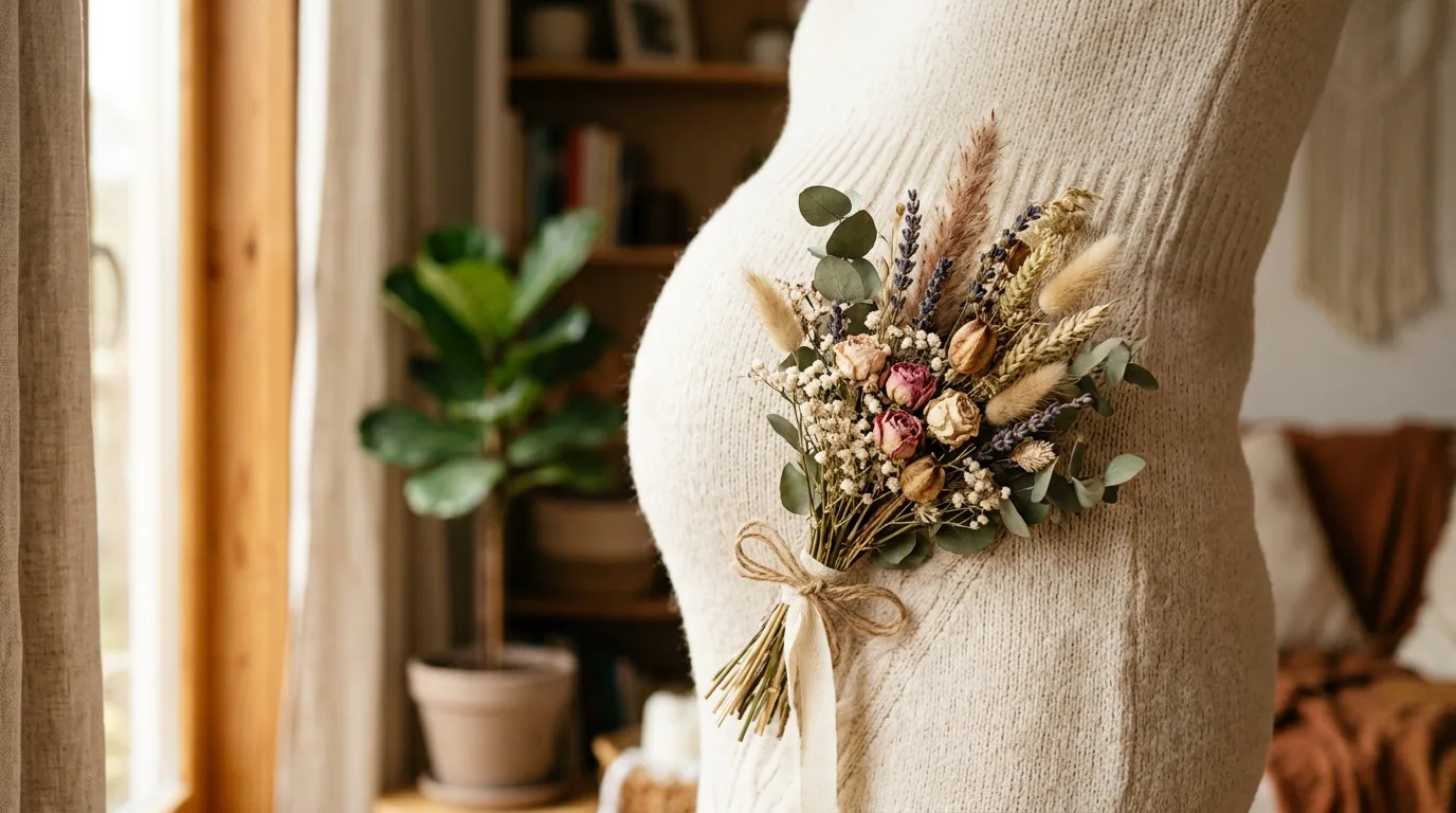 Close da barriga de grávida em vestido de tricô com um buquê de flores secas