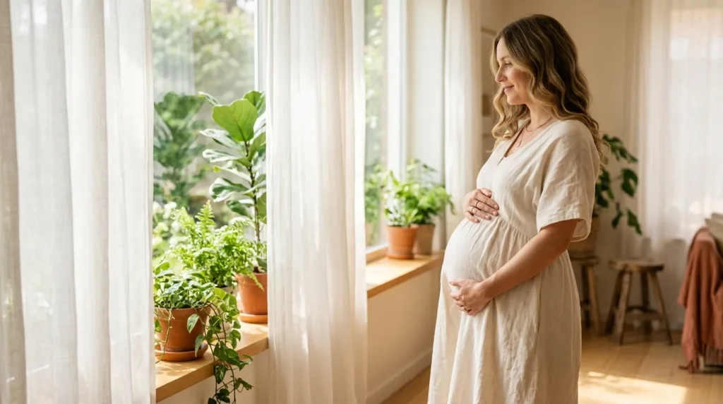 Gestante de vestido claro acariciando a barriga perto da janela, ensaio de grávida