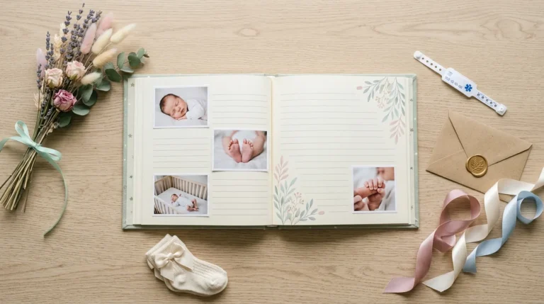 Livro do bebê aberto com fotos do recém-nascido, pulseira da maternidade, envelope e fitas sobre a mesa