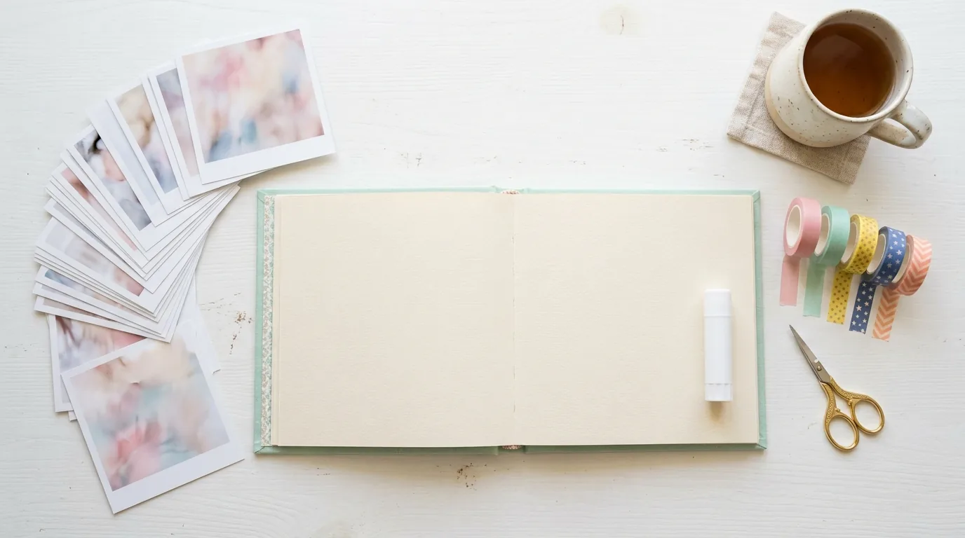 Fotos impressas do bebê, fitas washi, tesoura e álbum em branco para montar o livro do bebê