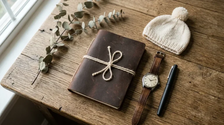 Caderno de couro fechado com relógio masculino, caneta e gorrinho de tricô de recém-nascido sobre mesa de madeira