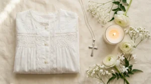Veste de batismo branca, crucifixo, vela e flores para o batizado do afilhado