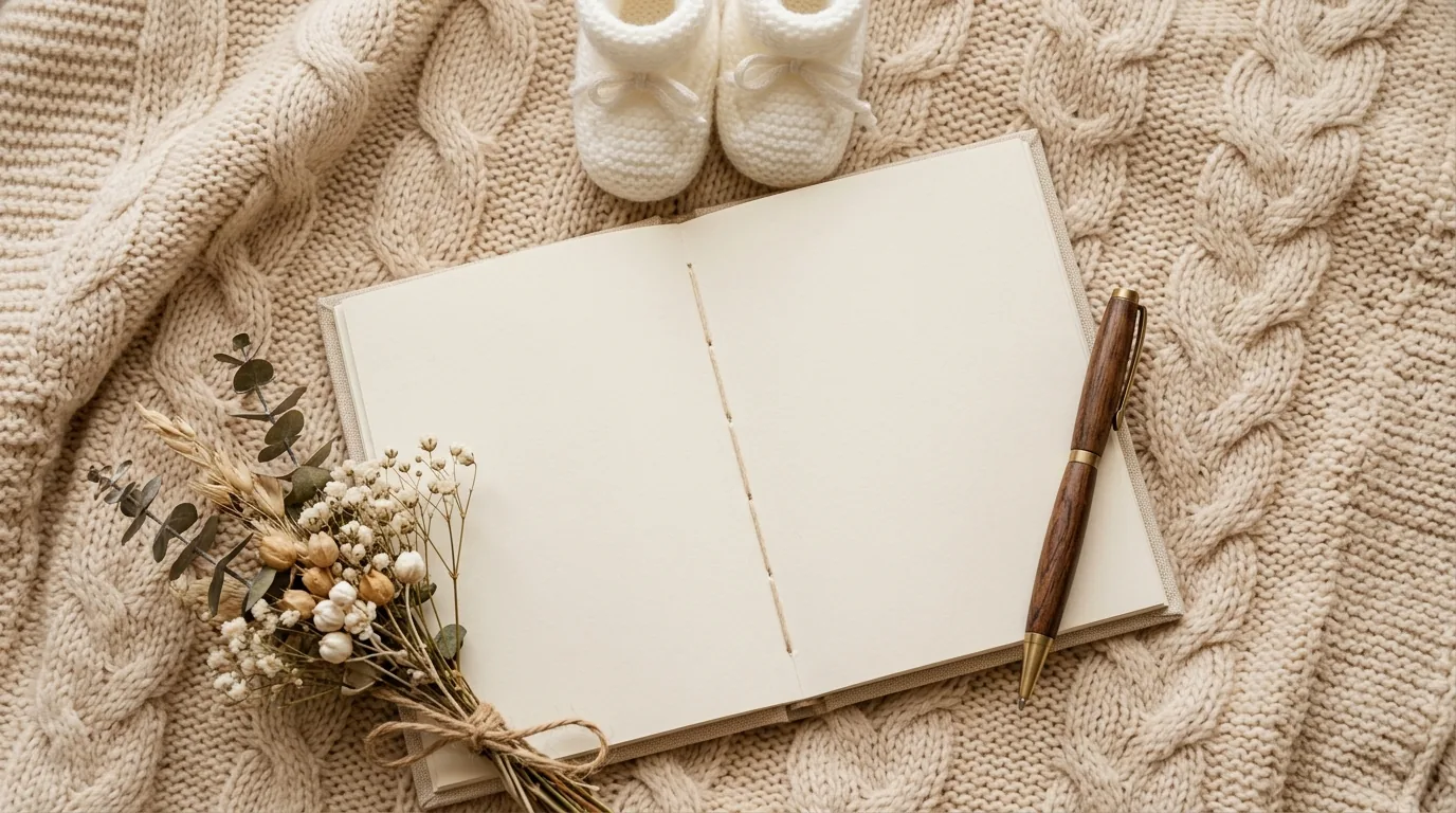 Caderno aberto com caneta e sapatinhos de bebê para escrever mensagens ao bebê