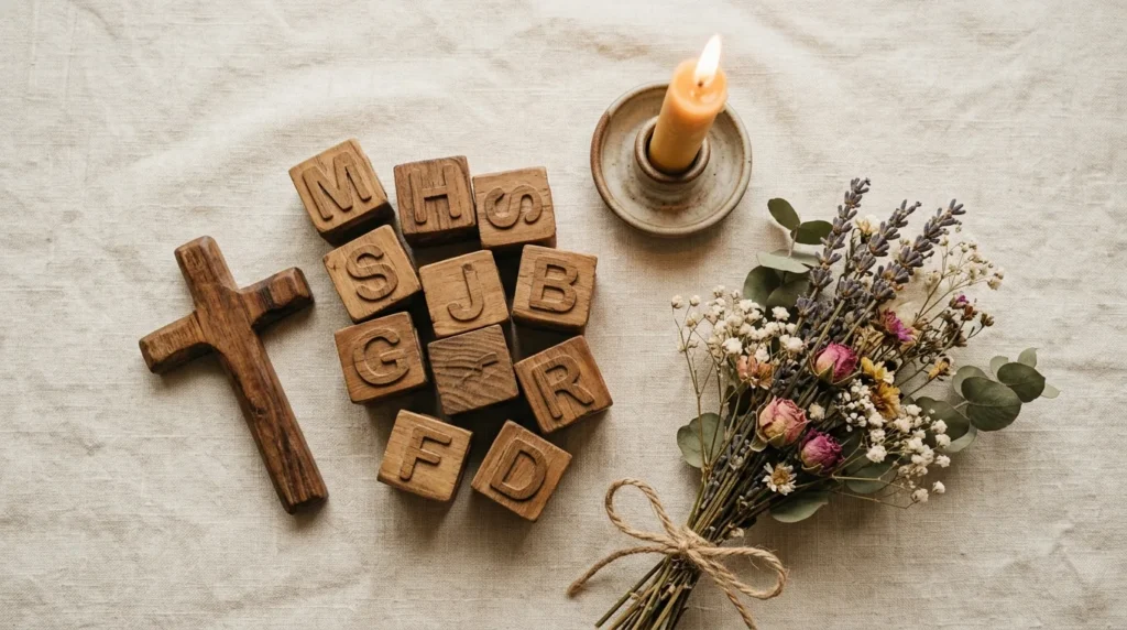 Bloquinhos de madeira com letras, uma cruz, uma vela e flores secas para escolher nomes bíblicos