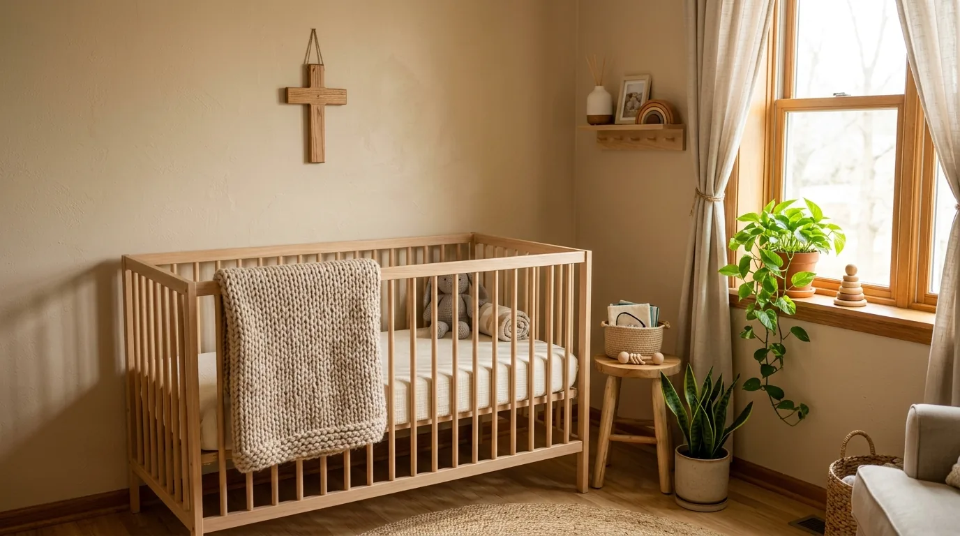 Cantinho do quarto do bebê com berço de madeira e uma cruz na parede
