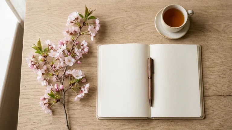 Ramo de flor de cerejeira sakura ao lado de um caderno aberto e uma xícara