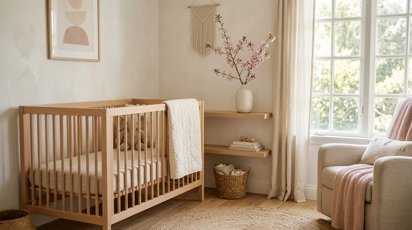 Cantinho do quarto do bebê com berço de madeira e um ramo de sakura em um vaso