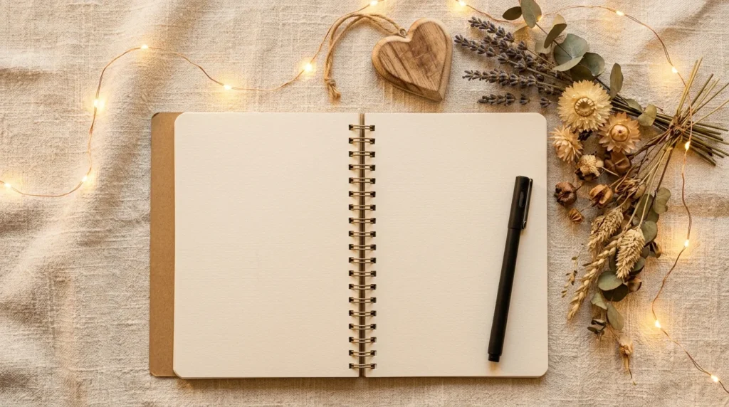 Caderno de nomes de bebê com caneta, luzinhas quentes e flores secas