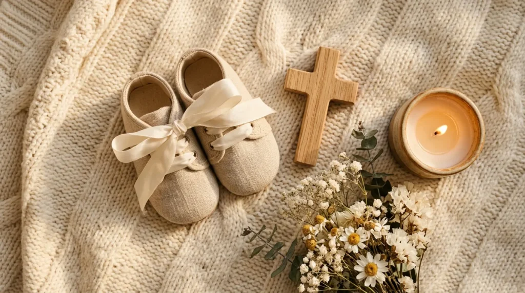 Sapatinhos de bebê com laço, uma cruz de madeira, vela e flores para nomes que significam presente de Deus
