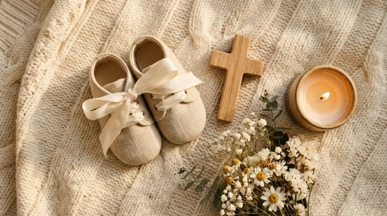 Sapatinhos de bebê com laço, uma cruz de madeira, vela e flores para nomes que significam presente de Deus