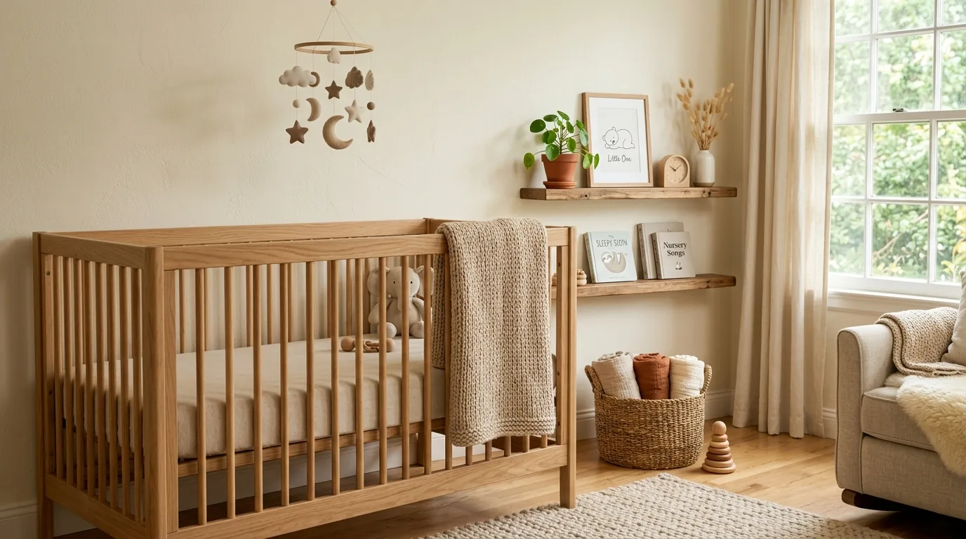 Cantinho neutro do quarto do bebê com berço de madeira e decoração em tons claros