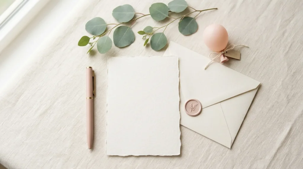 Convite de chá de bebê em branco com envelope, caneta e eucalipto