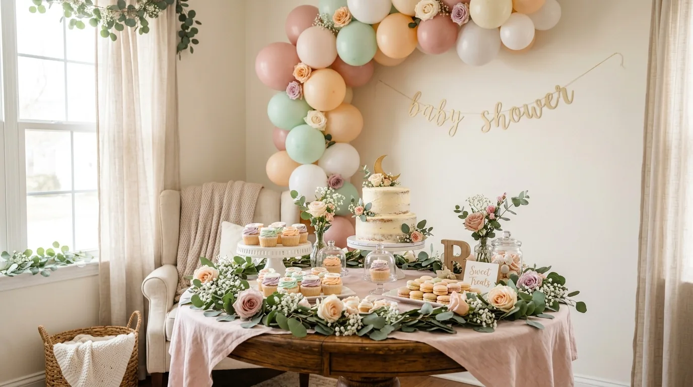 Mesa de doces de chá de bebê com arco de balões pastel, bolo e cupcakes