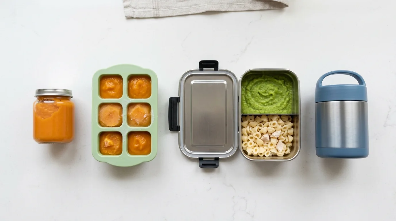 Comparação de potes para papinha: vidro, forminha de silicone com purê congelado, pote de inox e pote térmico