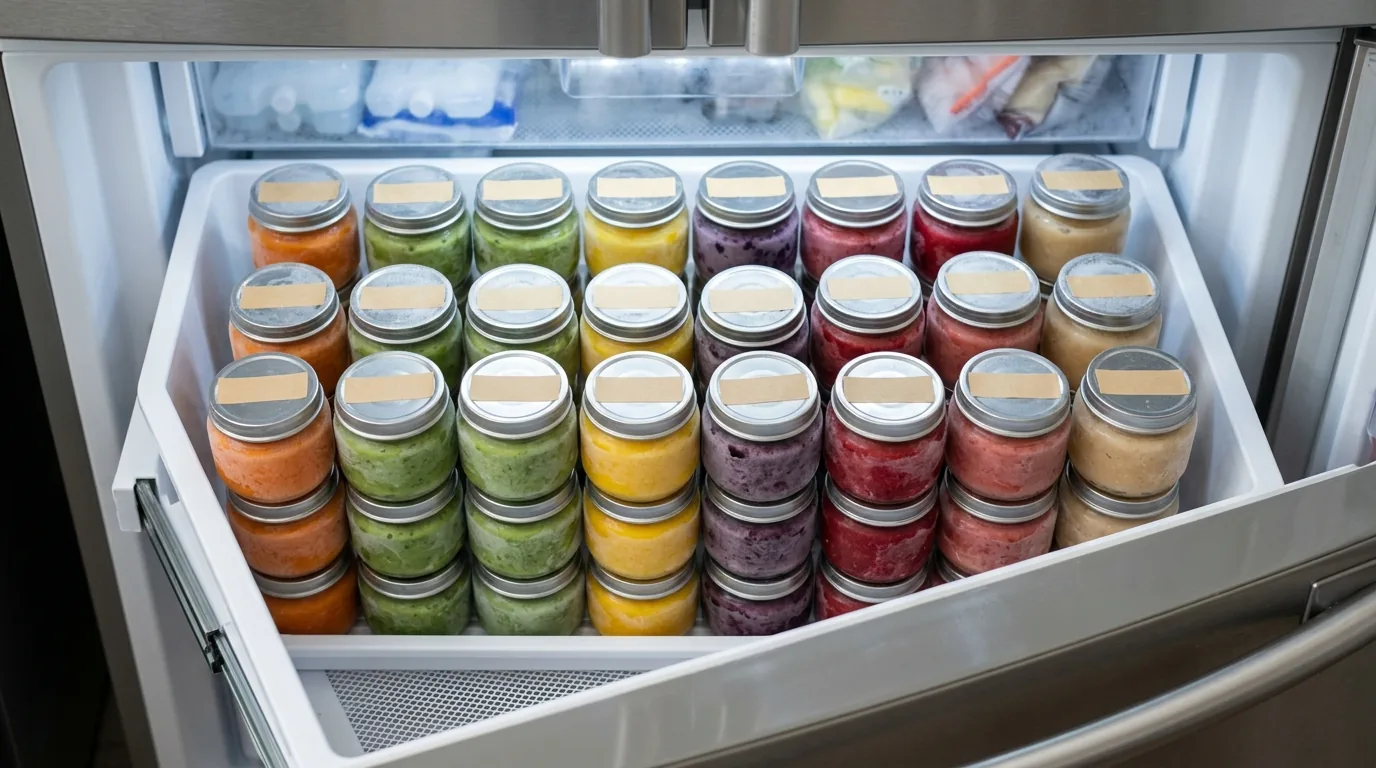 Gaveta do freezer organizada com potes de papinha iguais empilhados e etiquetados
