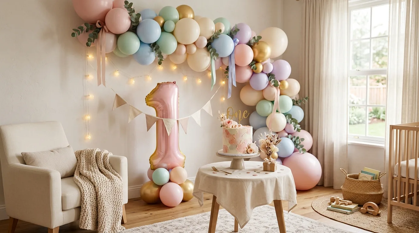 Cantinho de festa de 1 ano com arco de balões pastel e balão número um