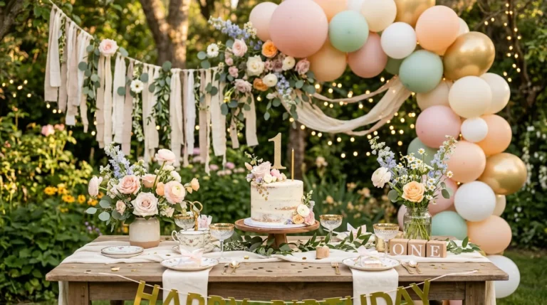 Mesa de festa de 1 ano com tema jardim, arco de balões pastel, bolo e flores