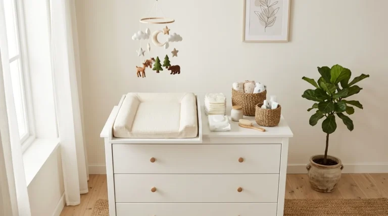 Trocador de fraldas com bordas elevadas sobre cômoda branca no quarto do bebê, com fraldas e cestos organizados