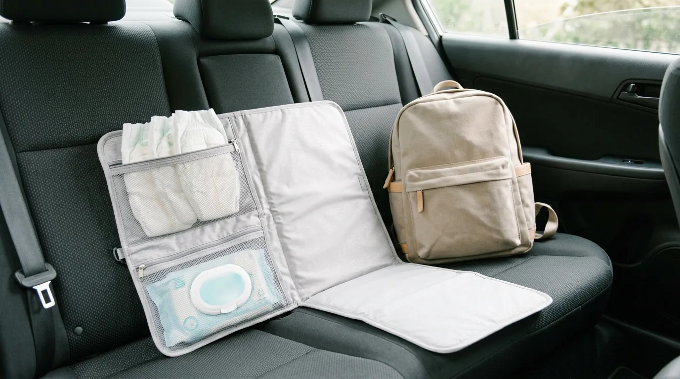 Trocador de fraldas portátil aberto no banco do carro, com bolsos para fraldas e lenços e mochila ao lado