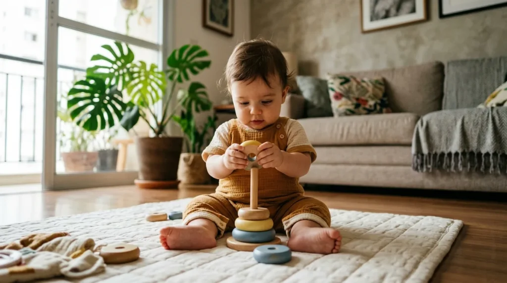 Bebê sentado no tapete da sala brincando com argolas de madeira de empilhar